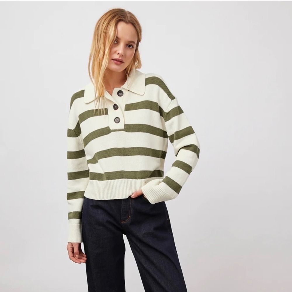 Rails XXL Shea Striped Polo Sweater Cream Olive Green Button sustainable cotton